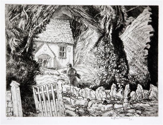 Edgar Holloway (1914-2008) Capel-y-ffin (Church Gate and Yews) 1991, 178 x 246mm